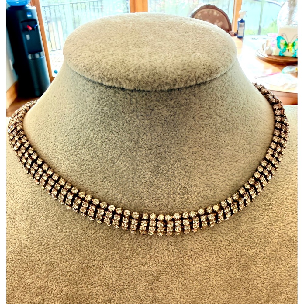 Vintage Graduated 3 Row Rhinestone Choker Necklace Silver Tone Wedding Prom‎
